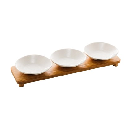 Conjunto de 3 Petisqueiras de Porcelana Branca com Bandeja de Bambu