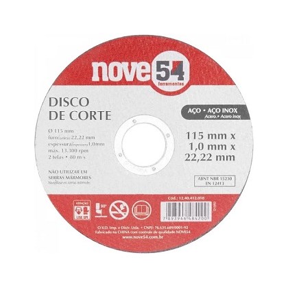 DISCO DE CORTE METAL E INOX 115 x 22,23MM - NOVE54