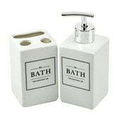 Kit de Banheiro 2 Peças Porcelana Branco Quadrado Dispenser Bath