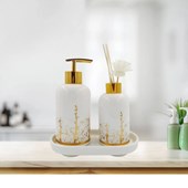 Kit de Banheiro 3 Peças de Porcelana Branco e Dourado
